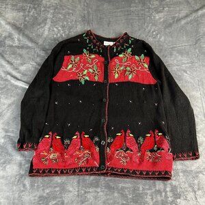 White Stag Vintage Christmas Cardinal Embroidered Beaded Cardigan Sweater SZ 16